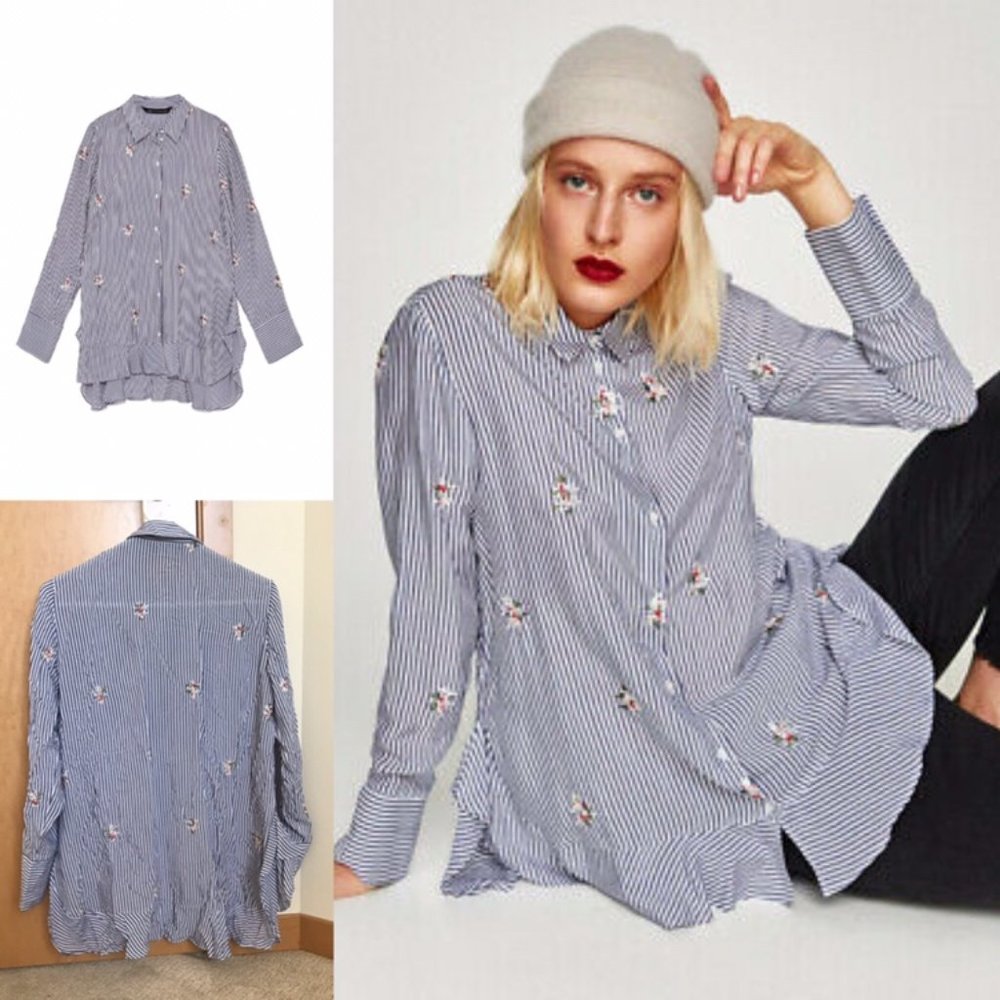 Zara Striped Floral Embroidered Button-up Shirt